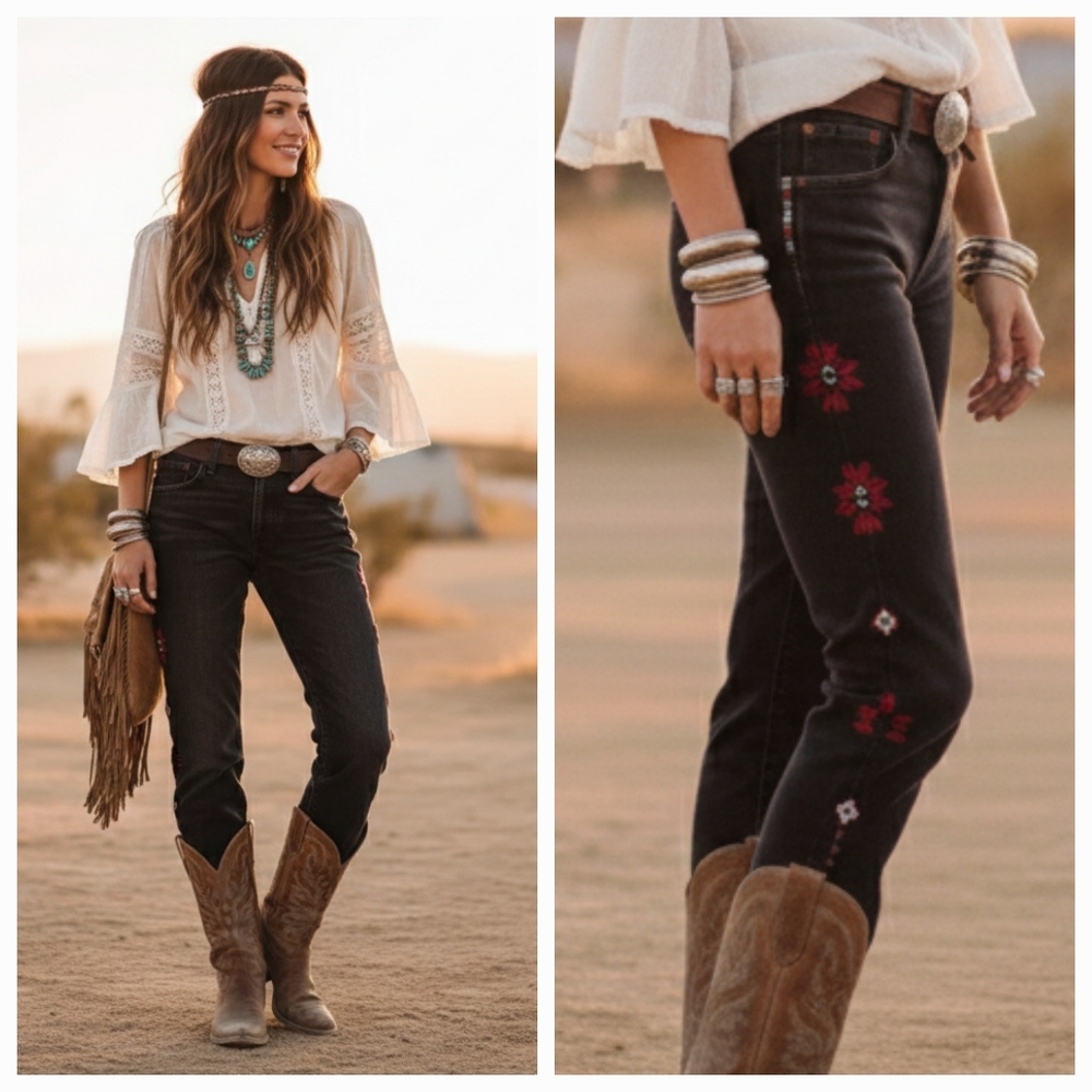 NWOT Polo by Ralph Lauren 25 Indie Sleeze Western Boho Beaded Boyfriend Jeans